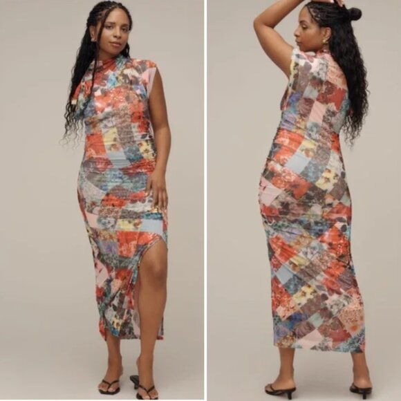 Anthropologie The Maya Ruched Cowl-Neck Dress NWT in Mesh Floral Small - Picture 1 of 11